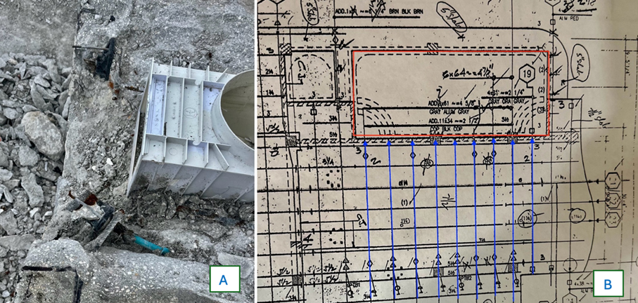 9A-Exposed anchors at pool skimmer. Image_9B-Plan showing stressing anchors located in pool wall